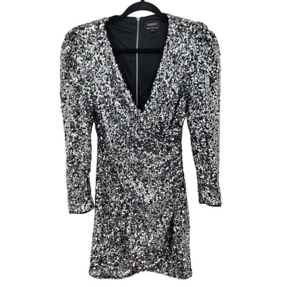 Bardot Womens Sequin Sparkle Dress Sz S Wrap Bodycon Mini Silver Sexy Cocktail - Picture 11 of 12